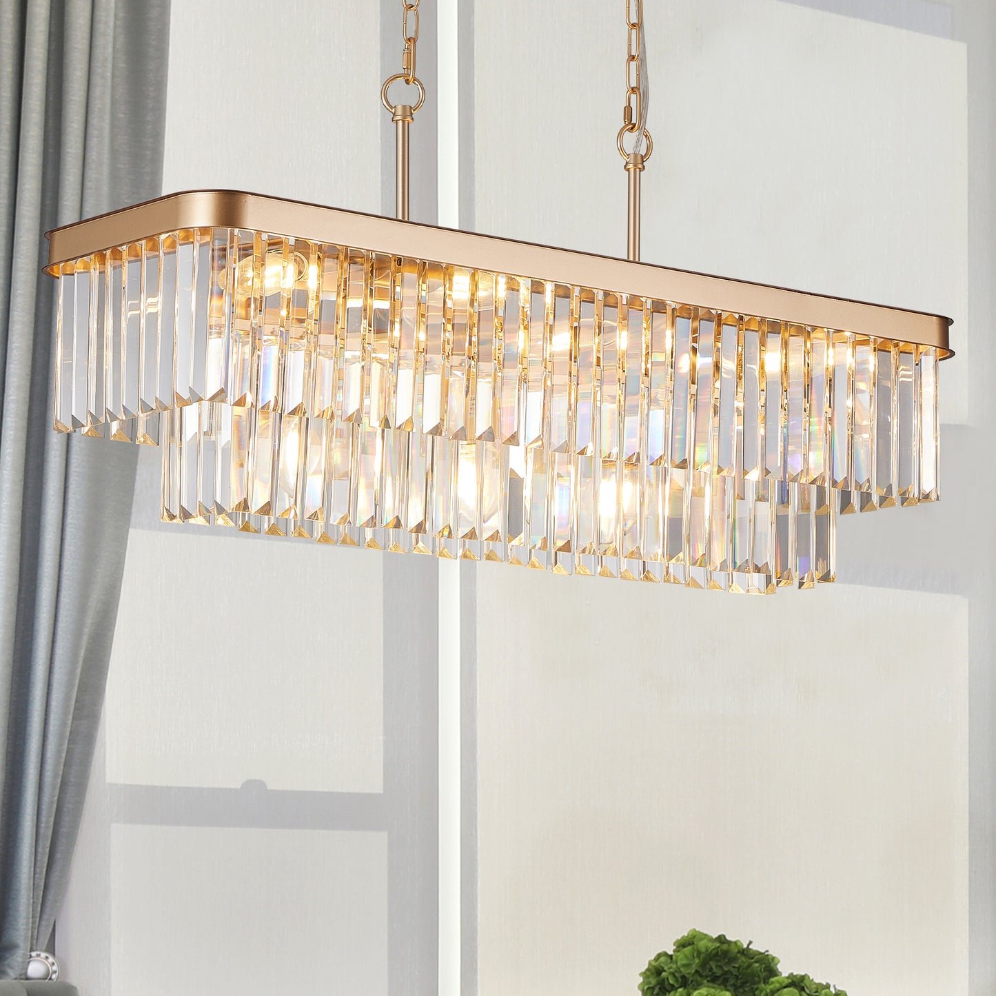 Chandeliers,Rectangular Crystal Chandelier Adjustable,E12 Modern Industrial Crystal Lights,Farmhouse Iron Ceiling Hanging Light for Kitchen Living Room Bedroom/Gold(Bulb Not Included) image 4