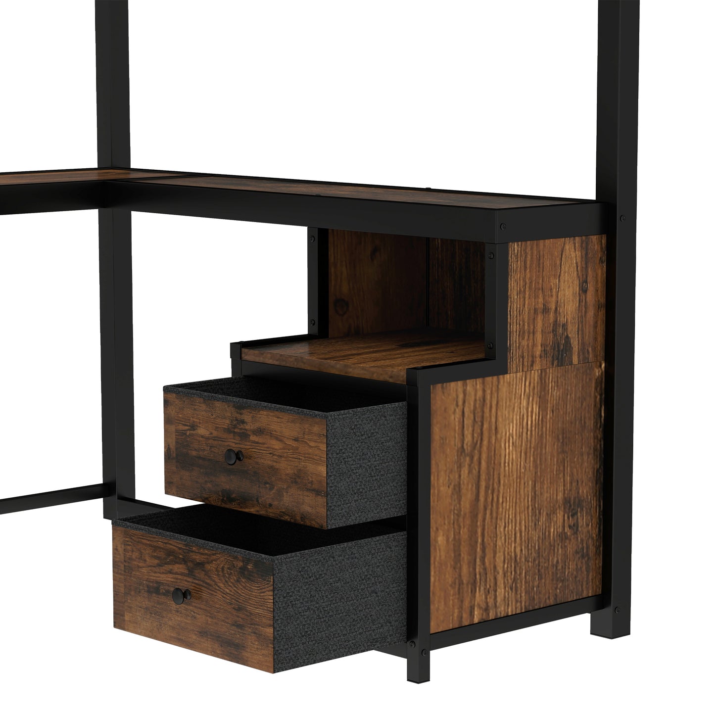 Queen Loft Bed with Desk and Storage Non-woven Fabric Drawers, Metal Loft Bed Frame with Ladders, Nosie-free and No Spring Box Needed, Black image 9