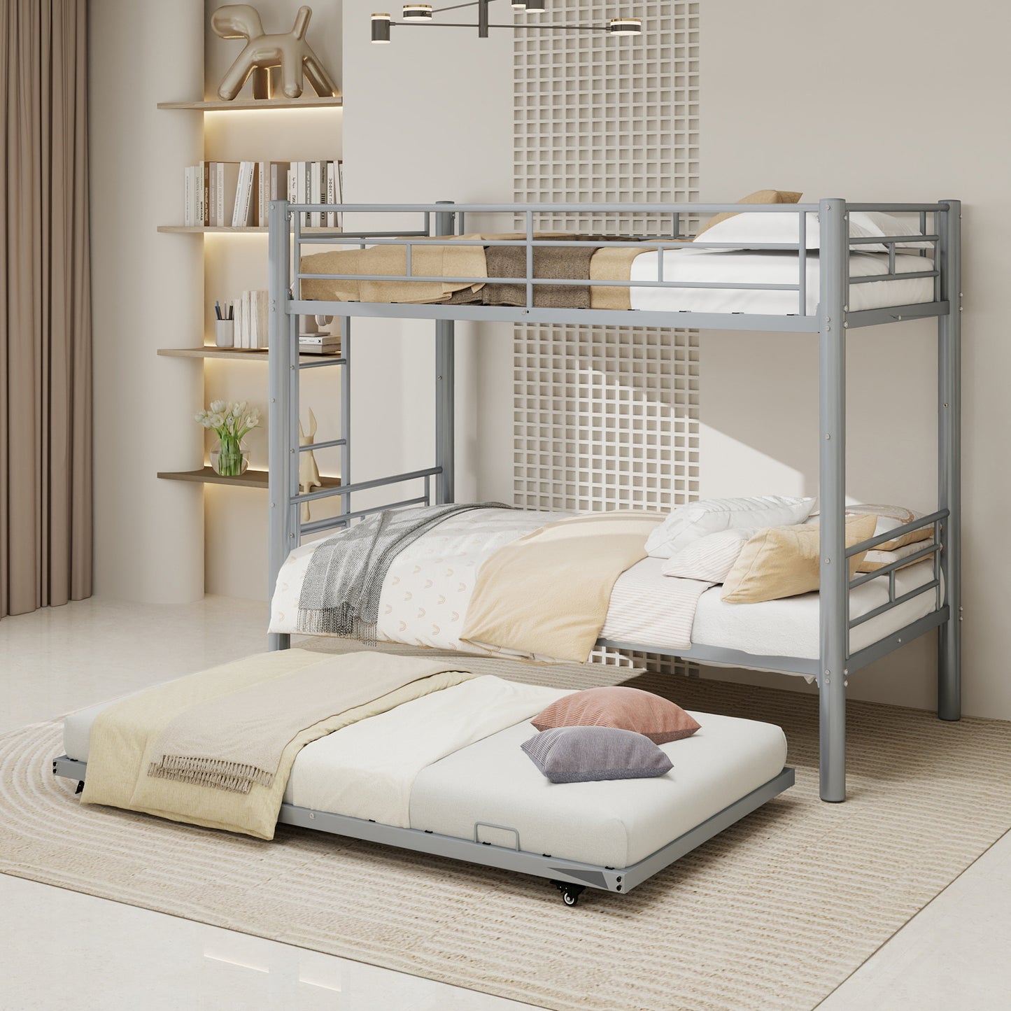 Silver Twin Metal Triple Bunk Bed Frame – Versatile Convertible 3-in-1 Design, Heavy-Duty Steel, Sleek Silver Finish, Ideal for Dorms/Guest Rooms image 9
