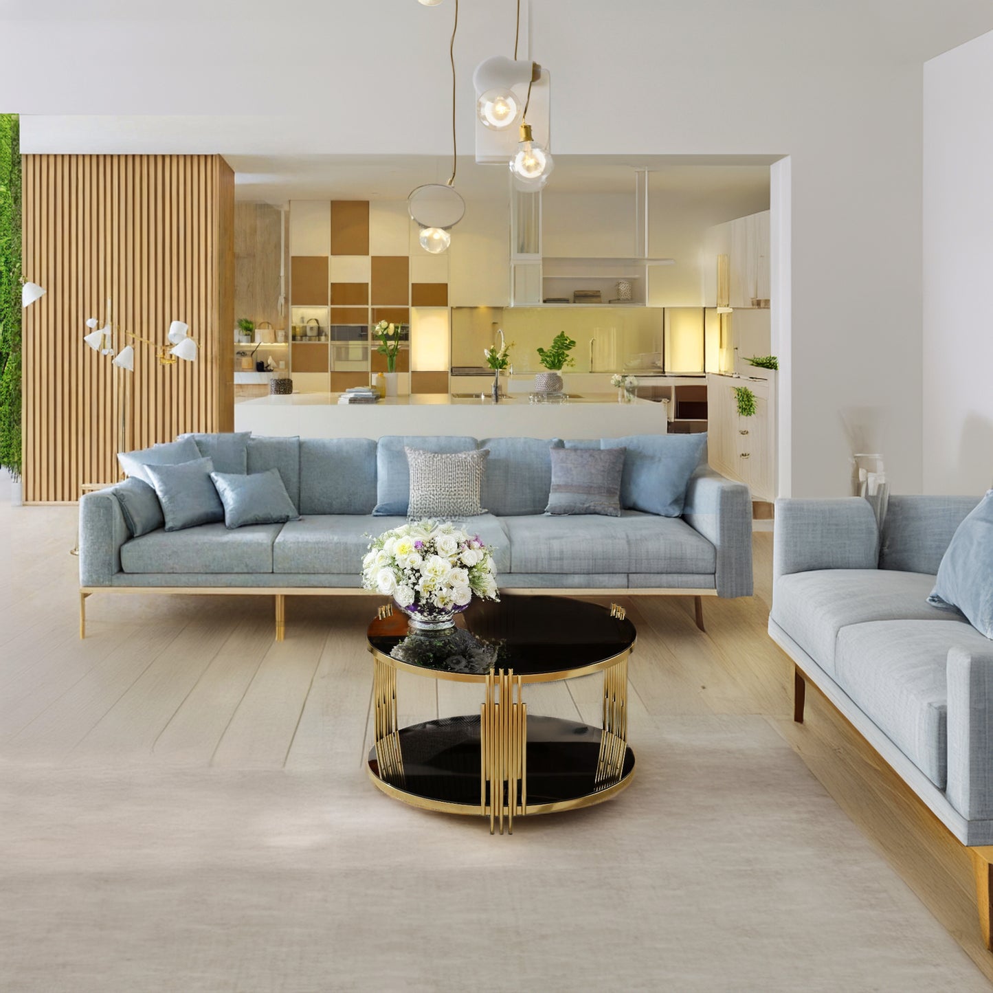 Modern Black Mirror Coffee Table, Asymmetrical Metal, Circular Metal Drum Base, Gold Finish & Lower Shelf image 8