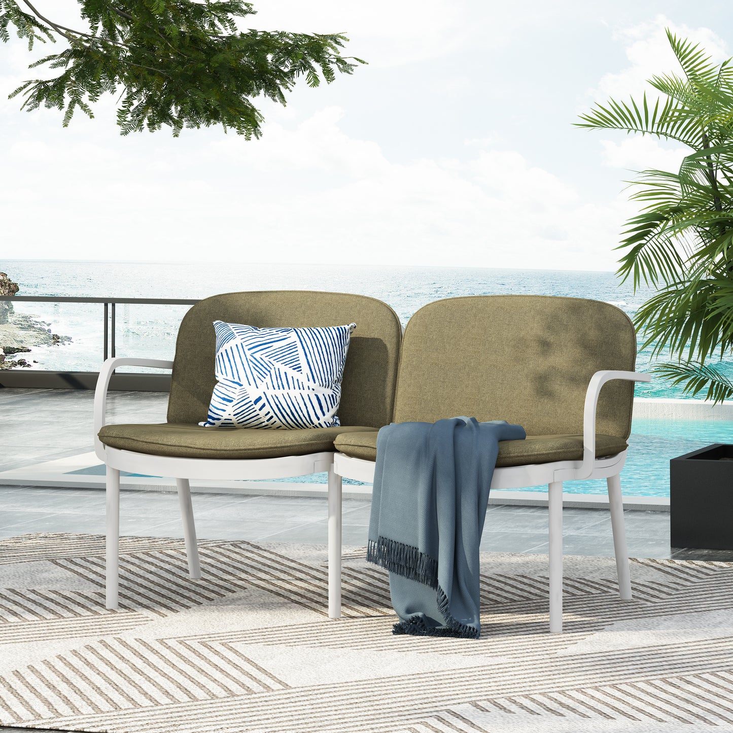 Luna Outdoor Patio PP Loveseat, White Frame with Green Cushion image 4