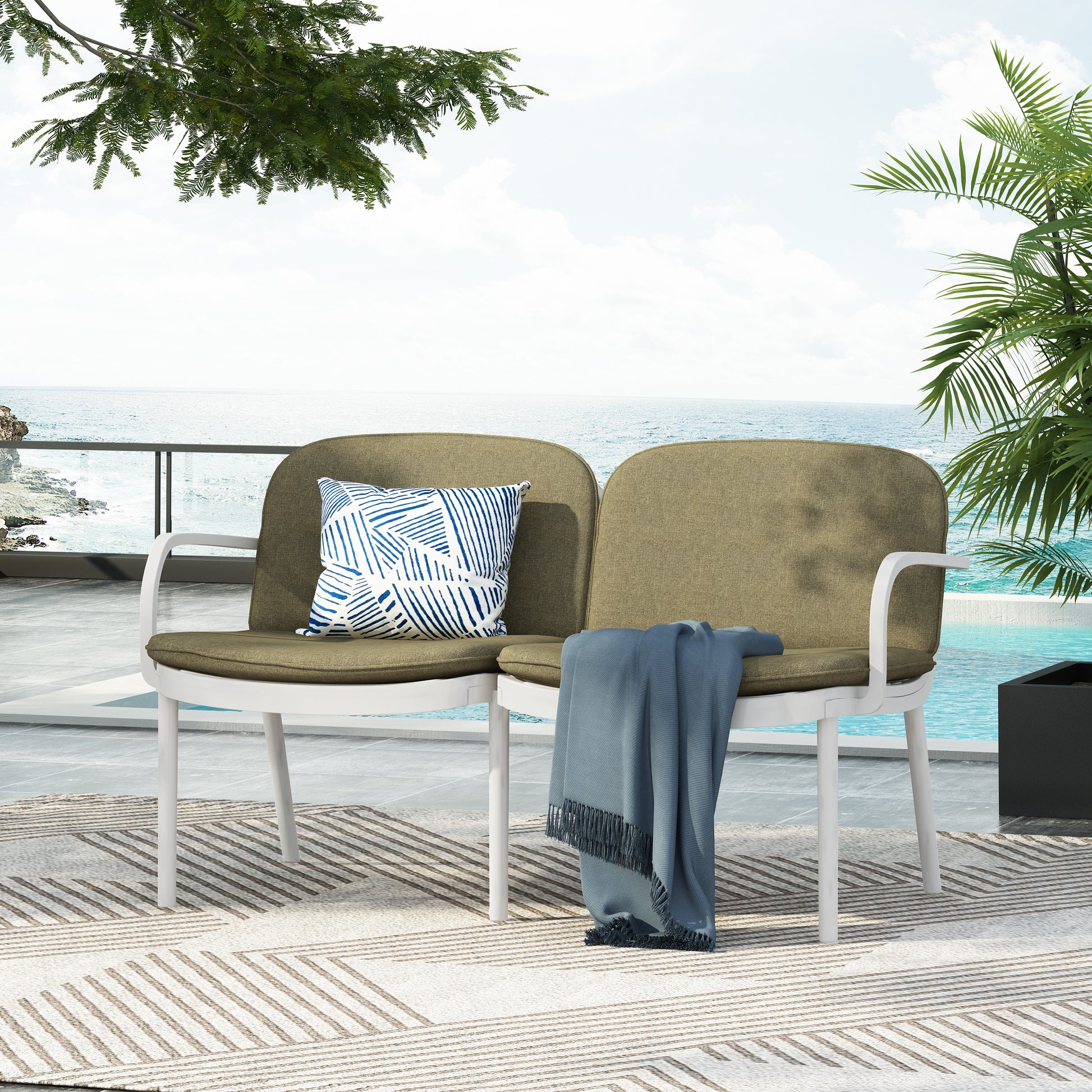 Luna Outdoor Patio PP Loveseat, White Frame with Green Cushion image 4