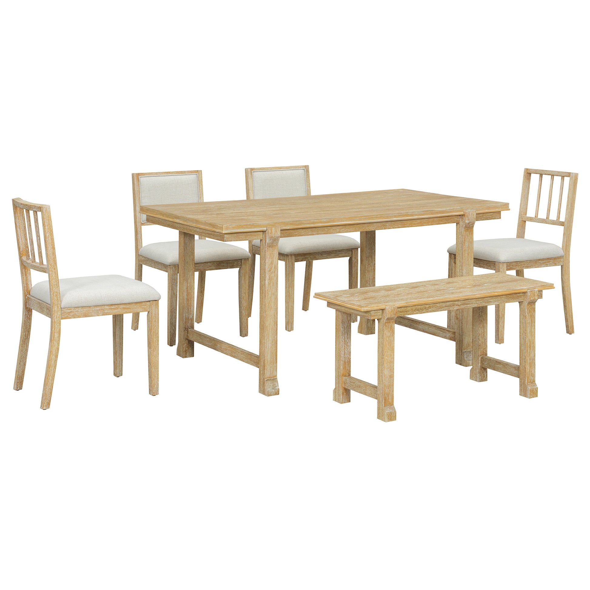 TREXM 6-Piece Farmhouse Dining Set for 6, Kitchen & Dining Room Sets with Solid Wood Legs and Frame, Ergonomic Dual-Style Chairs, Ideal for Kitchen & Dining Room (Natural Wood Wash+ Beige) image 8