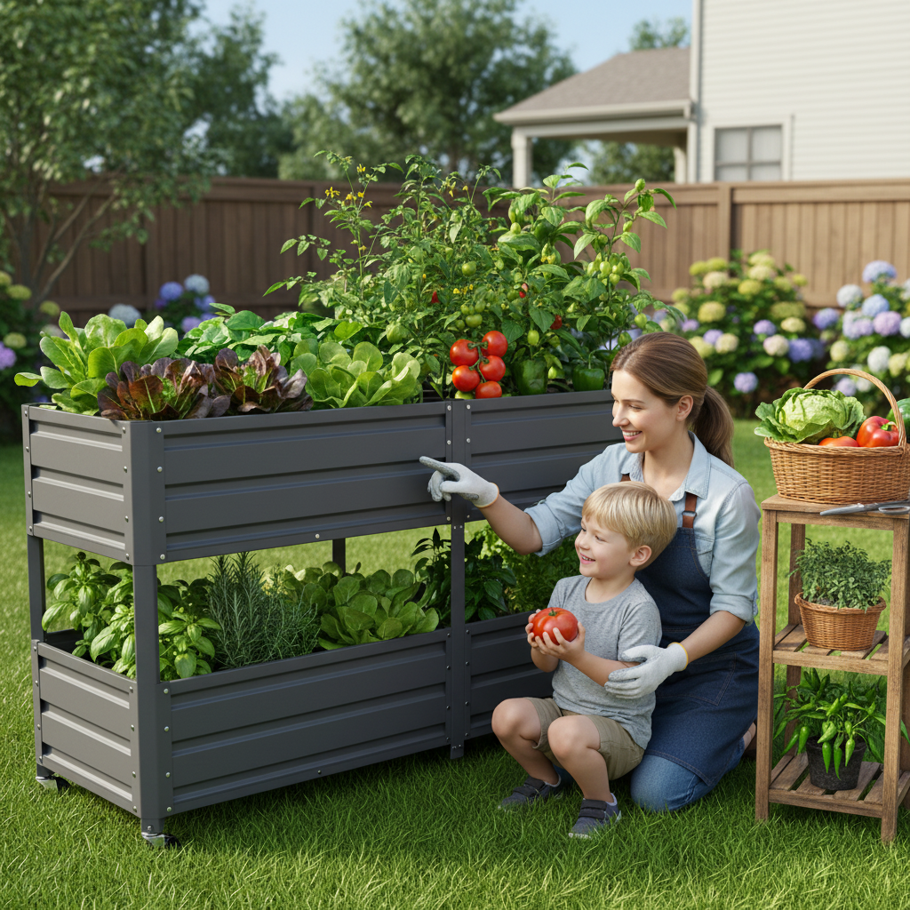 Dual Tier Elevated Metal Raised Garden Bed with Lockable Wheels, Staggered 2-Layer Raised Planter Box for Vegetables Herbs Flowers, Outdoor Patio Backyard Green Planting Bed,Grey image 2