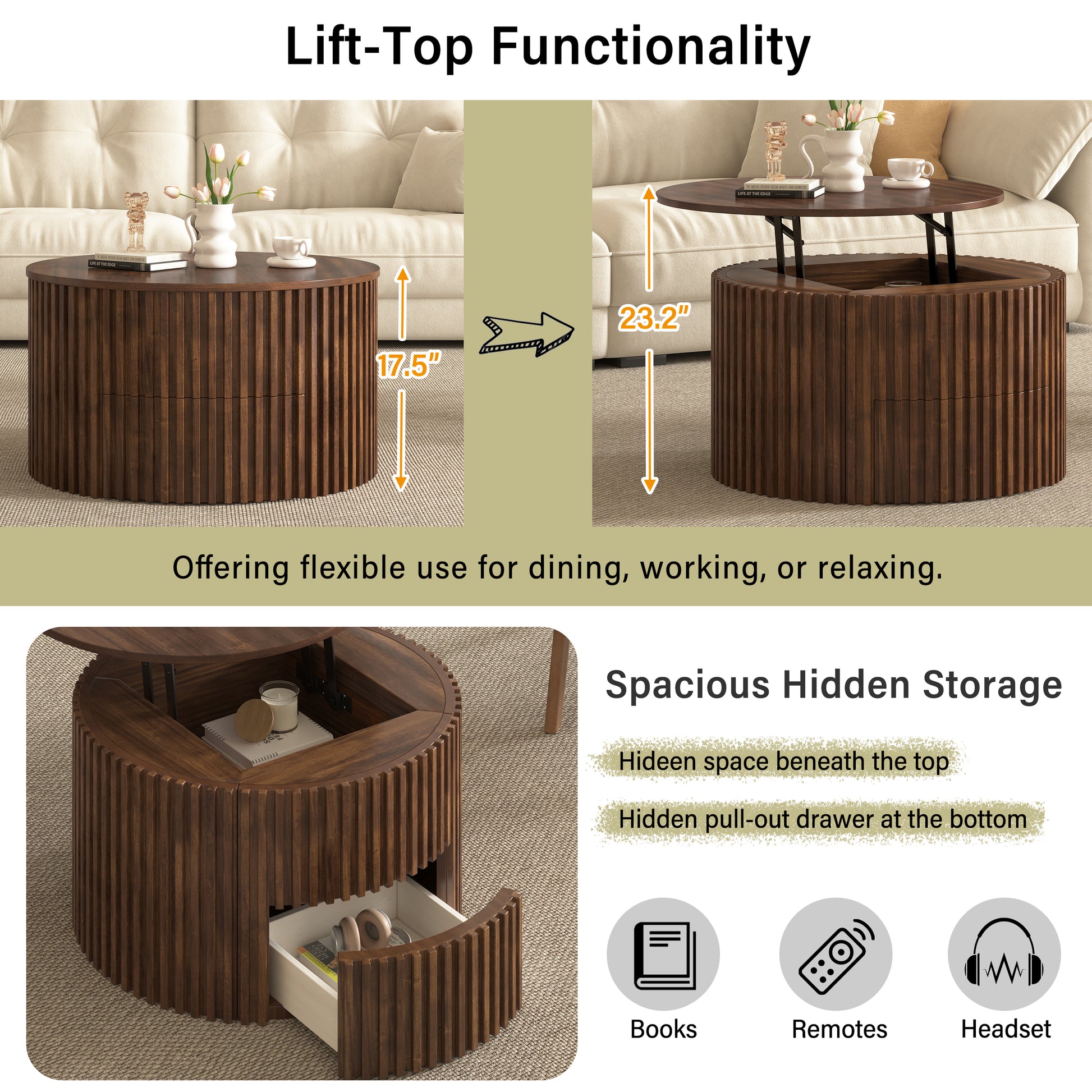 VIBE HAUS Round Lift Top Coffee Table, Modern Fluted Wood Accent Coffee Table with Hidden Storage for Living Room image 6