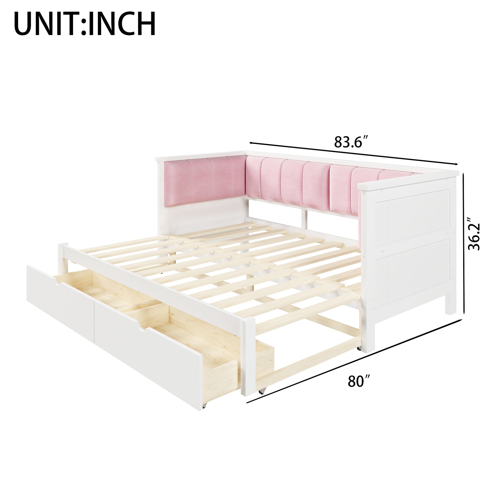 Twin XL to King Size Daybed with Two Storage Drawers and Upholstered Backrest, White+Pink image 10