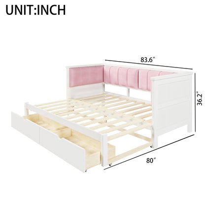 Twin XL to King Size Daybed with Two Storage Drawers and Upholstered Backrest, White+Pink image 10