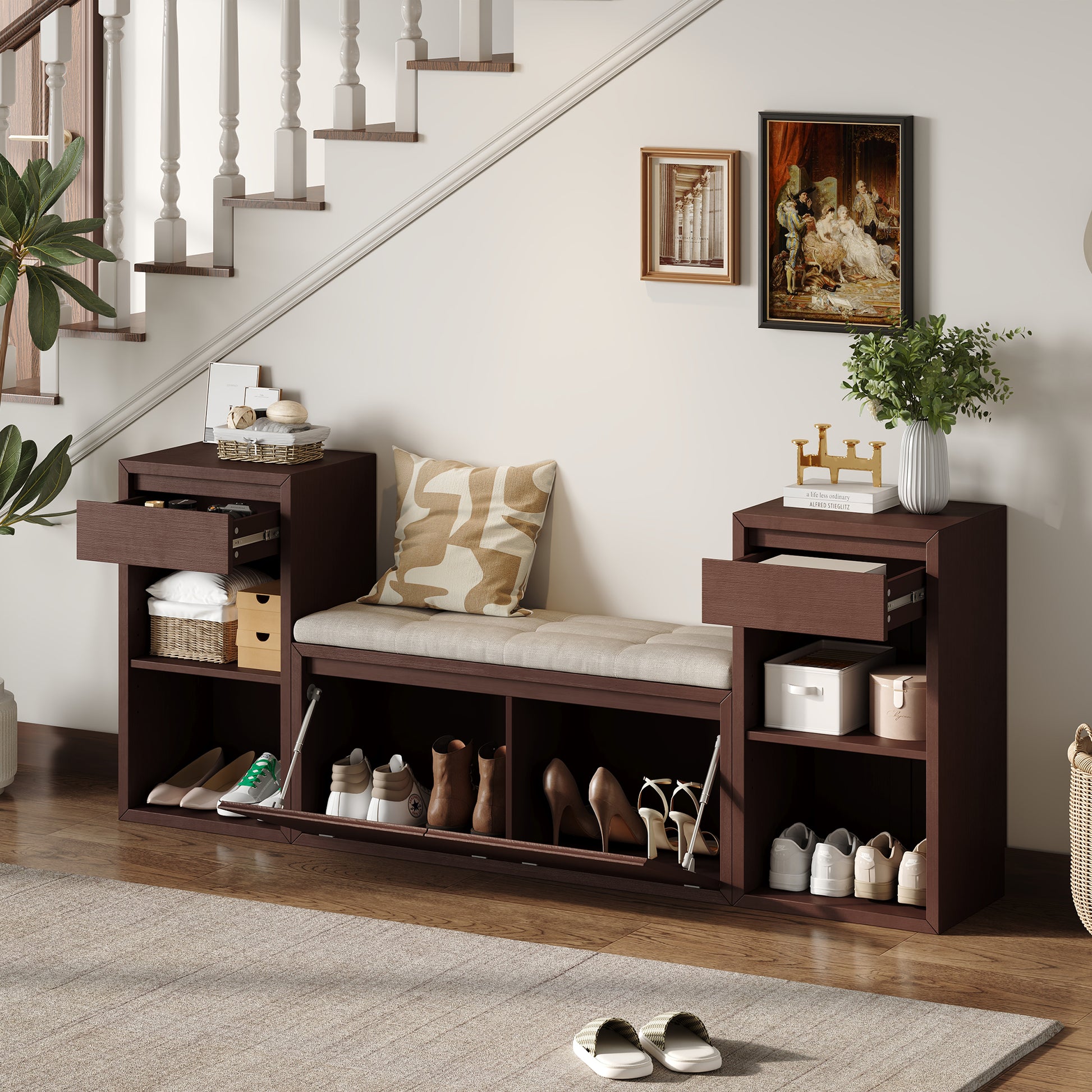 TREXM All-in-One Entryway Storage Bench with Cushion, Compartments, Drawers & Open Shelves, Storage Bench for Hallway, Mudroom, Living Room(Espresso) image 8