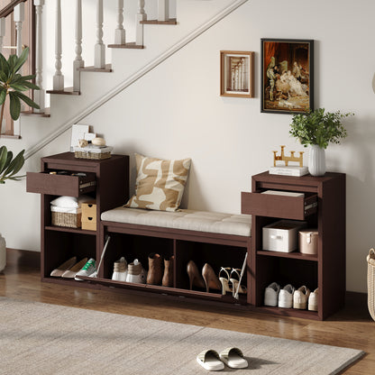TREXM All-in-One Entryway Storage Bench with Cushion, Compartments, Drawers & Open Shelves, Storage Bench for Hallway, Mudroom, Living Room(Espresso) image 8