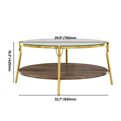 Modern Round Walnut 2-Tiered Coffee Table with Glass Top and Gold Base for Living Room, 29.9" image 11