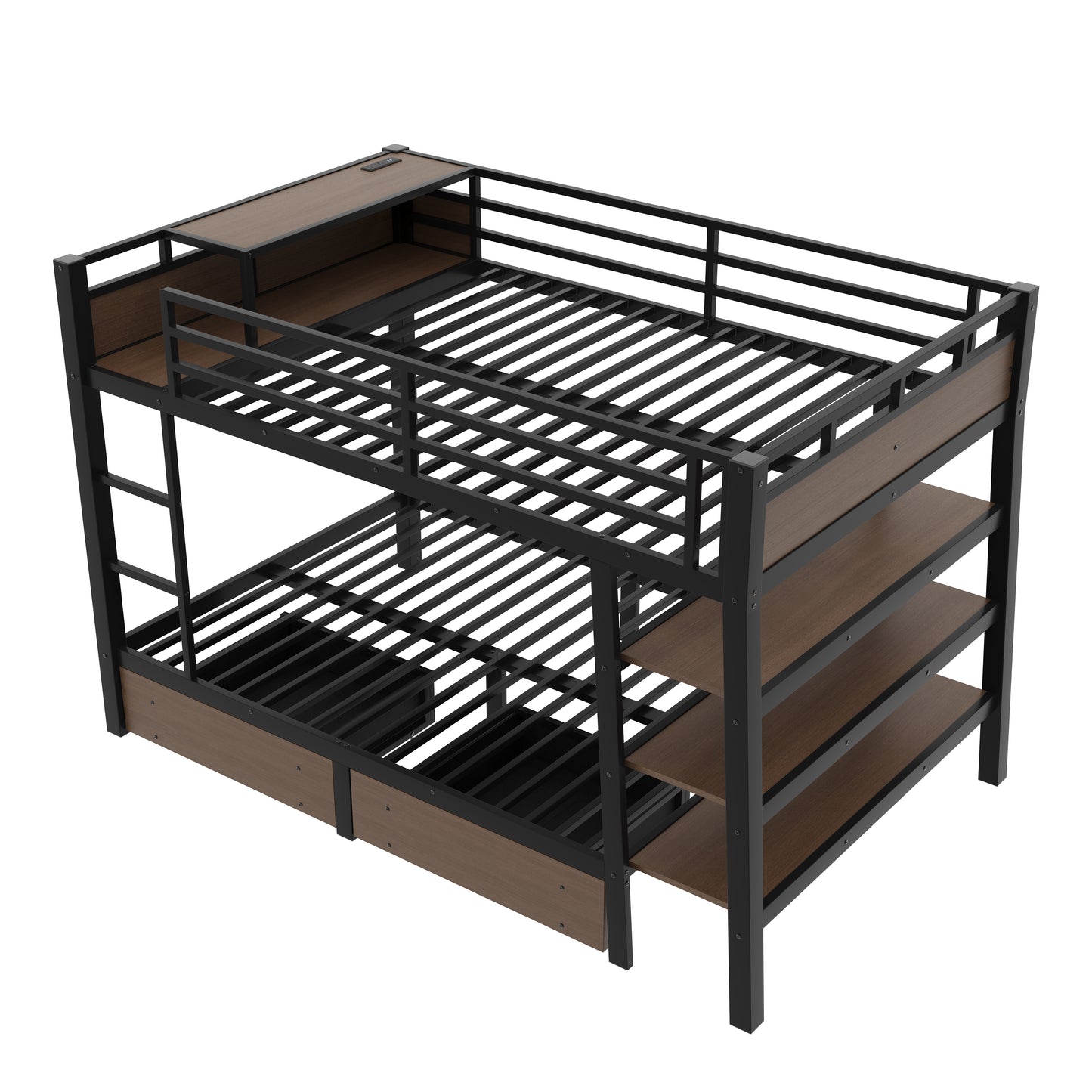 Full Size Metal Bunk Bed with Storage Shelves, LED light strip, and USB power strip, black image 10