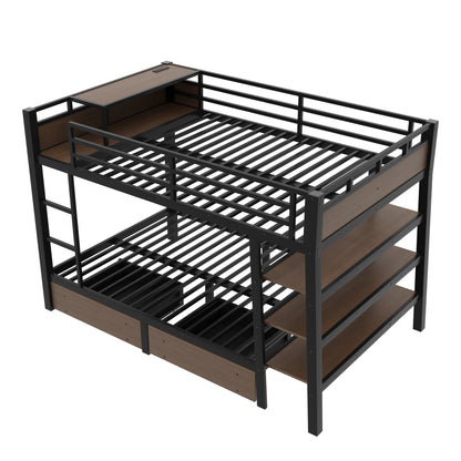 Full Size Metal Bunk Bed with Storage Shelves, LED light strip, and USB power strip, black image 10