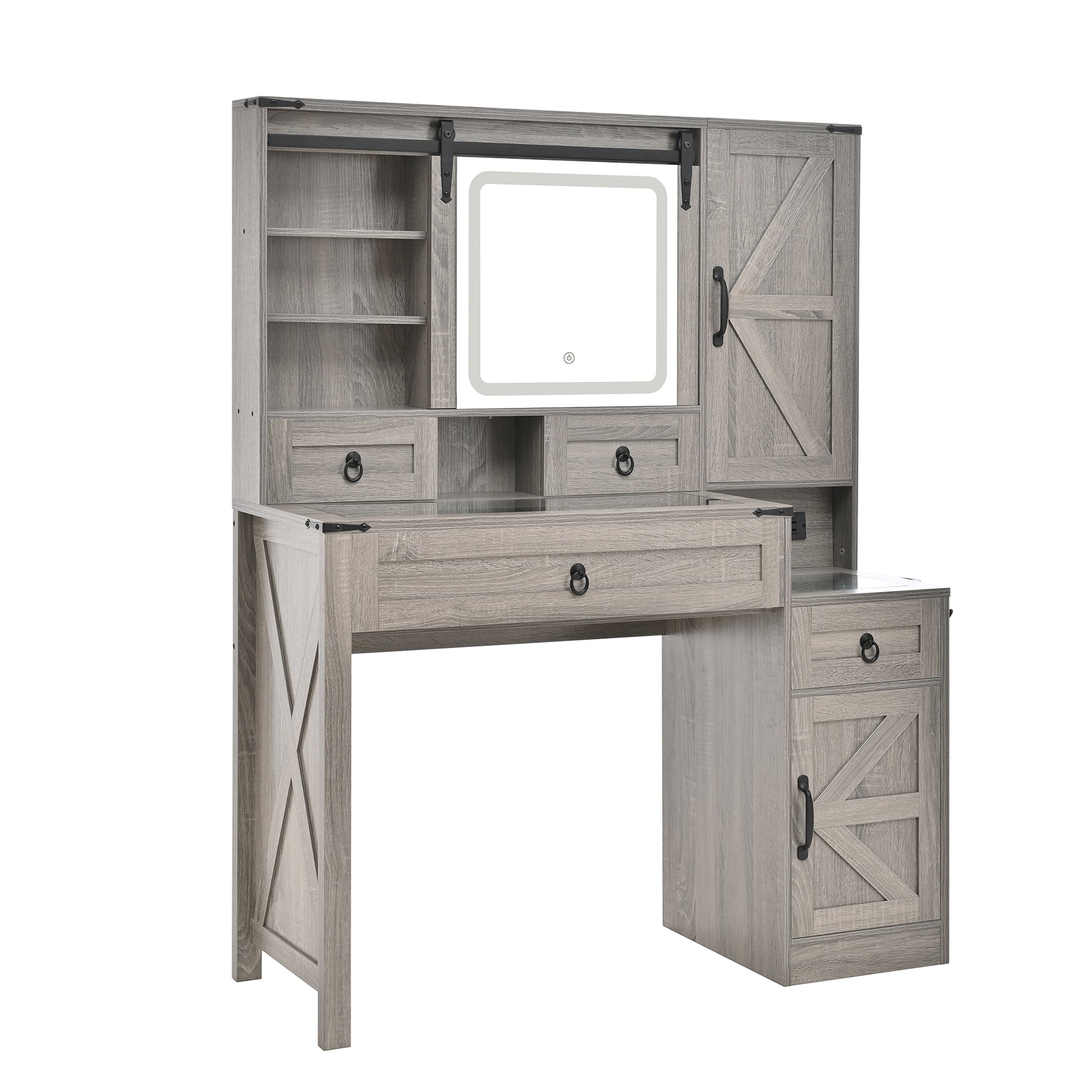 Farmhouse Vanity Desk with Sliding Mirror and Lights, Vanity Set with Glass Top and Charging Station,Dressing Table with 4 Drawers and 2 Cabinets, Dressing Table with Stool for Bedroom, Gray image 11