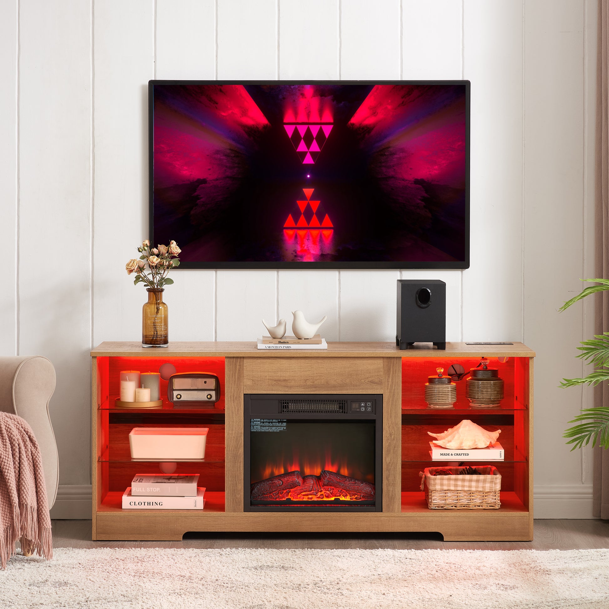 TV Stand Electric Fireplace TV Stand with Glass Shelves, 3D Fireplace TV Stand with LED Lights Wood with USB Charging Outlet Modern Television Table Center for TV up to 32-62" OAK 58'W*15.4''D*24.6 image 4