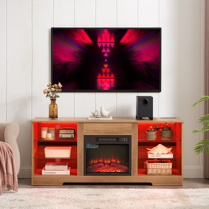 TV Stand Electric Fireplace TV Stand with Glass Shelves, 3D Fireplace TV Stand with LED Lights Wood with USB Charging Outlet Modern Television Table Center for TV up to 32-62" OAK 58'W*15.4''D*24.6 image 4