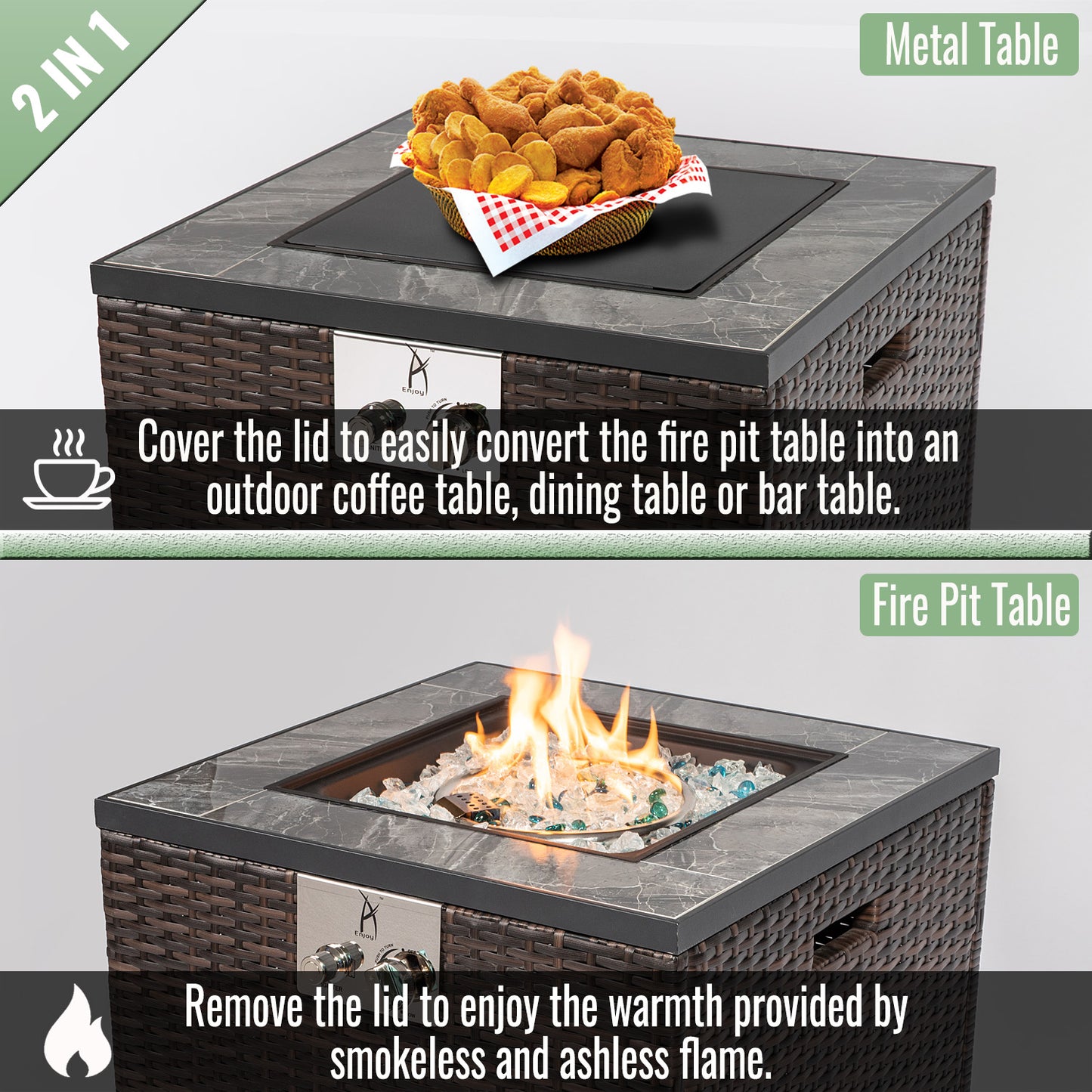 24" Propane Gas Fire Pit Table, 50000 BTU Square Fire Pit, Tile Tabletop with Beautiful Wicker Base for Outside Patio Deck Garden Courtyard-Espresso image 3