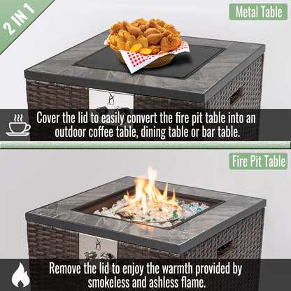 24" Propane Gas Fire Pit Table, 50000 BTU Square Fire Pit, Tile Tabletop with Beautiful Wicker Base for Outside Patio Deck Garden Courtyard-Espresso image 3