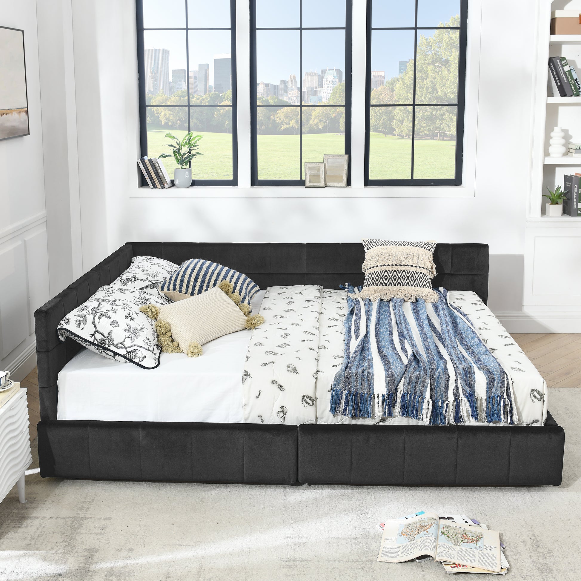 Queen Size Storage Upholstered Tufted Bed Frame, Sofa Bed Frame with Comfortable Backrest and Armrests, Queen Size Bed for Bedroom, Living Room,Velvet, BLACK(85.5''*64.5''*29.5'') image 4