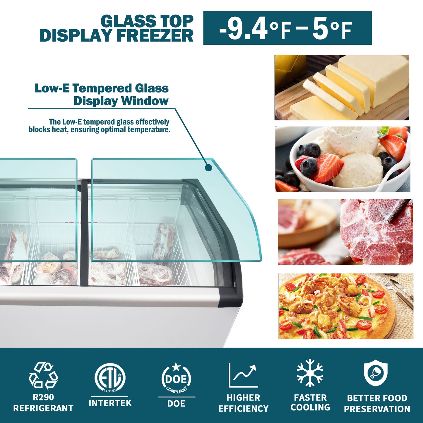 Curved Top Display Freezer 4.6 Cu.ft Sliding Glass Lid Ice Cream Freezers Commercial Mobile Chest Freezer with LED Lighting image 6