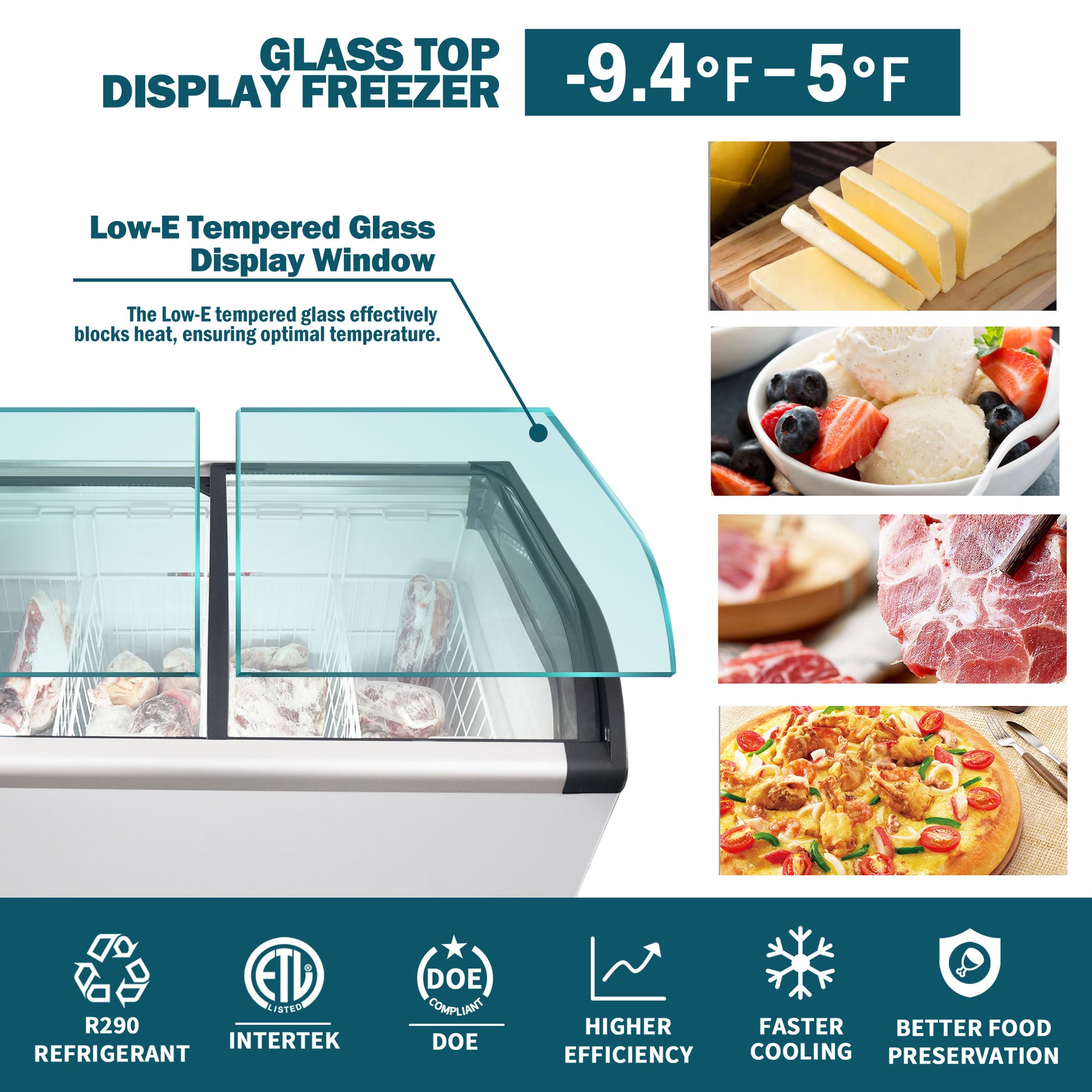 Curved Top Display Freezer 4.6 Cu.ft Sliding Glass Lid Ice Cream Freezers Commercial Mobile Chest Freezer with LED Lighting image 6