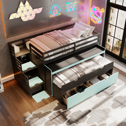 Twin XL Loft Bed with Pull-Out Desk and Twin Trundle, Multi-Functional Bunk Bed with 2 Storage Drawers and Storage Steps, Space-Saving Gaming & Workstation Bedframe, Black+Blue image 2
