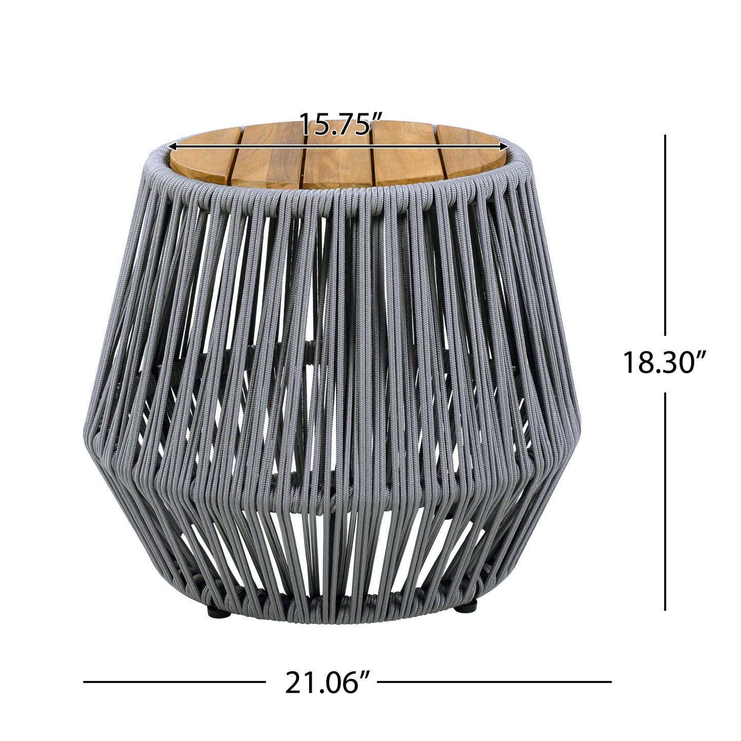 Acacia Wood Side Table with Grey Rope Base - Natural Teak Finish, Modern Coastal Accent for Patio, Garden, Balcony & Indoor Use image 2