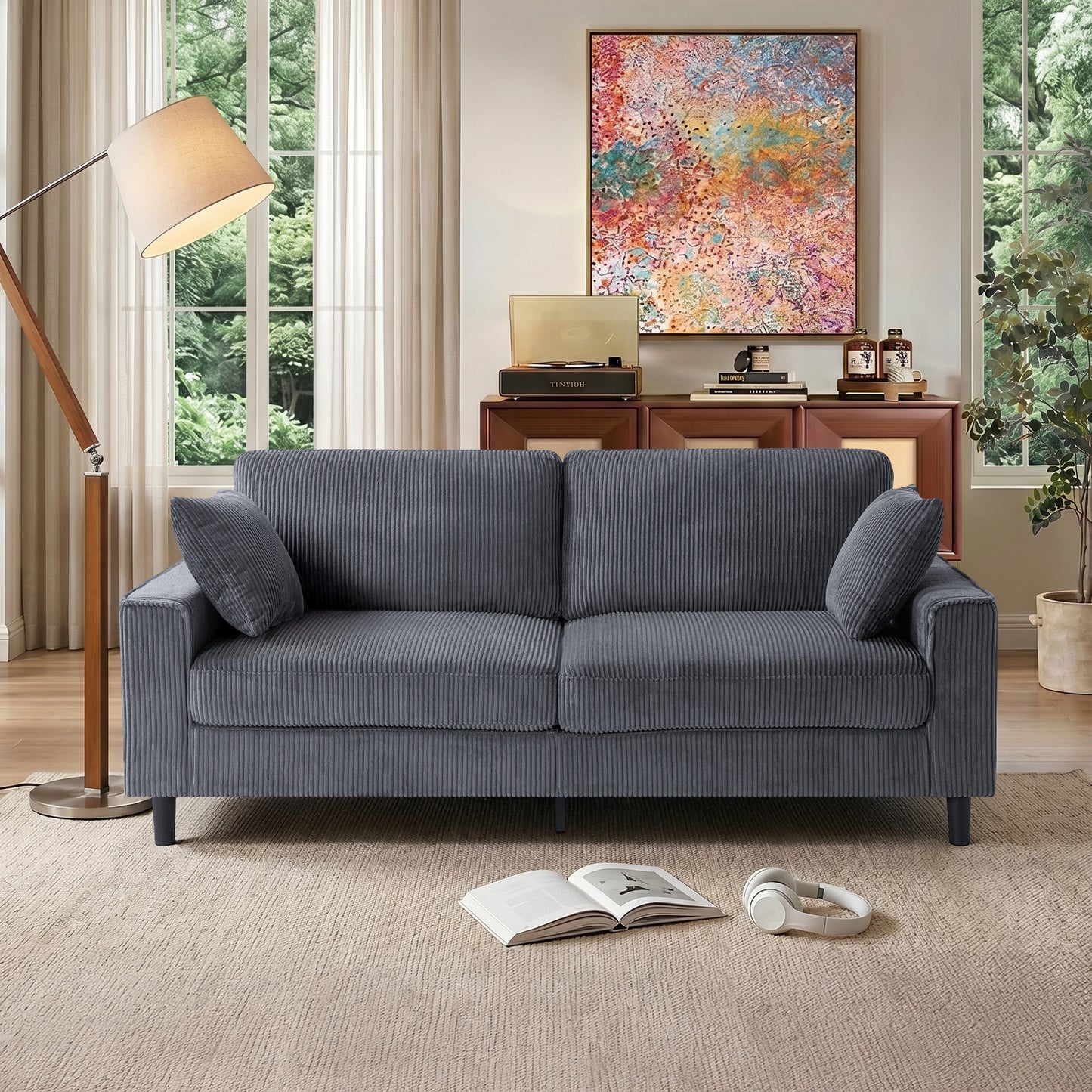 81.8"Corduroy Loveseat Sofa, 2-Seater Couch with Sturdy Iron & Wood Frame, Comfy Upholstered Sofa with Square Armrests for Living Room, Apartment image 1