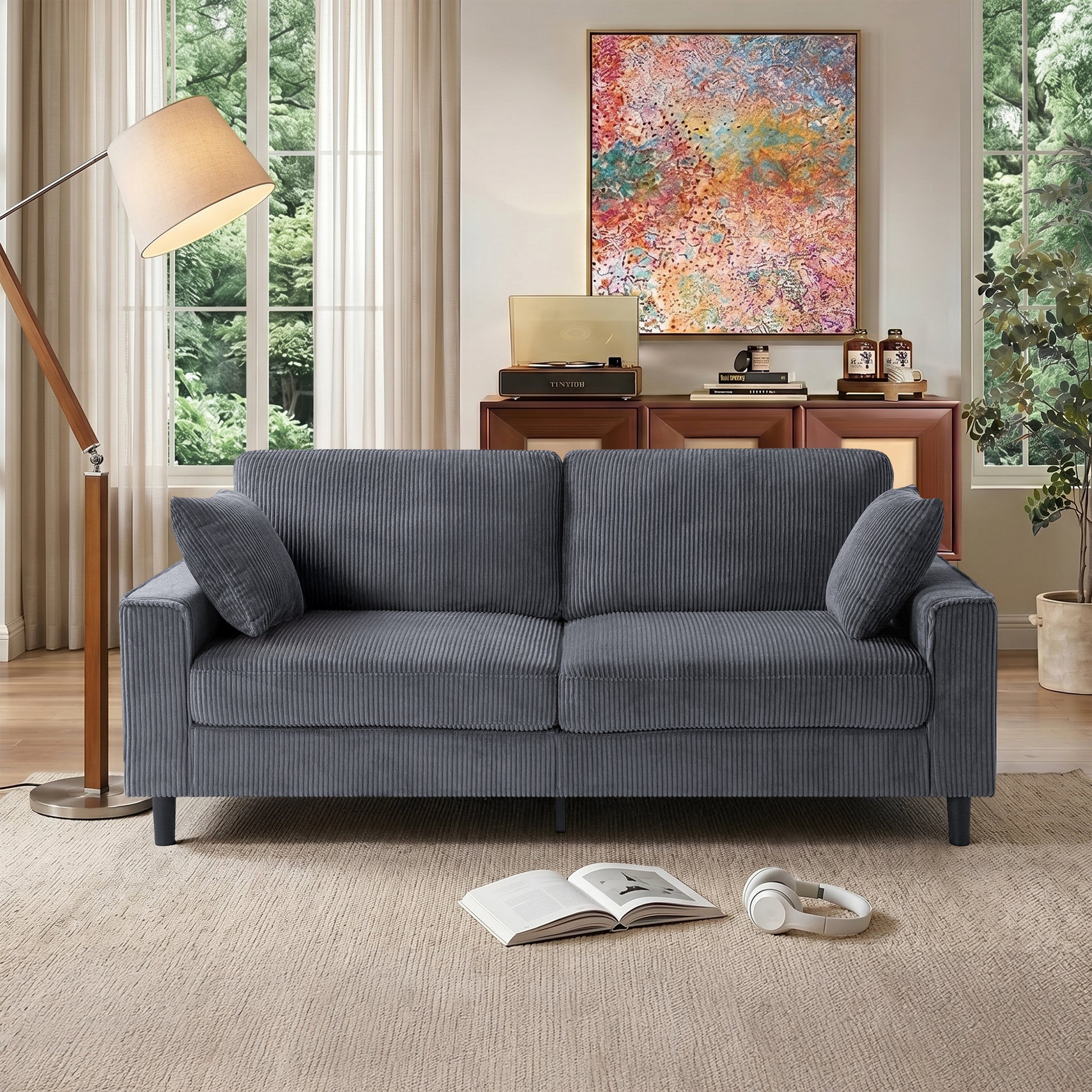 81.8"Corduroy Loveseat Sofa, 2-Seater Couch with Sturdy Iron & Wood Frame, Comfy Upholstered Sofa with Square Armrests for Living Room, Apartment image 1