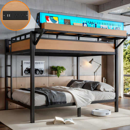 Queen over Queen Size Metal Bunk Bed with Storage Shelves and Pegboard, Bunk Bed Frame with USB Ports and LED Lights, Space-Saving, for Teens and Adults, Natural image 1