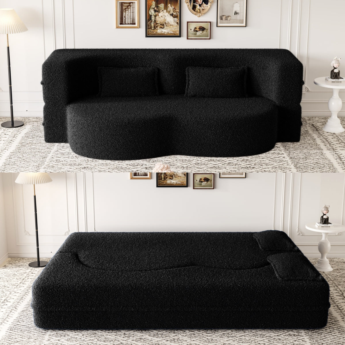 Modern Floor Sofa with 2 Pillows,Convertible Sherpa Fleece Fabric Foam-Filled Sleeper Sofa Bed,15" Full Size Folding Mattress for Living Room,Guest Bed,no assembly required,Black(SameW1885P2722) image 1