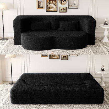 Modern Floor Sofa with 2 Pillows,Convertible Sherpa Fleece Fabric Foam-Filled Sleeper Sofa Bed,15" Full Size Folding Mattress for Living Room,Guest Bed,no assembly required,Black(SameW1885P2722) image 1
