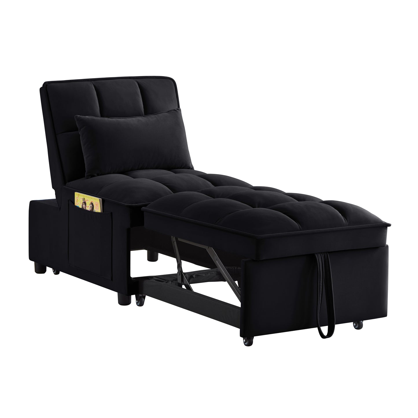 4 in1 Multi-Function Single Sofa Bed with Storage Pockets,Tufted Single Pull-out Sofa Bed with Adjustable Backrest and Pillows,Convertible Chaise Lounge,Black image 10
