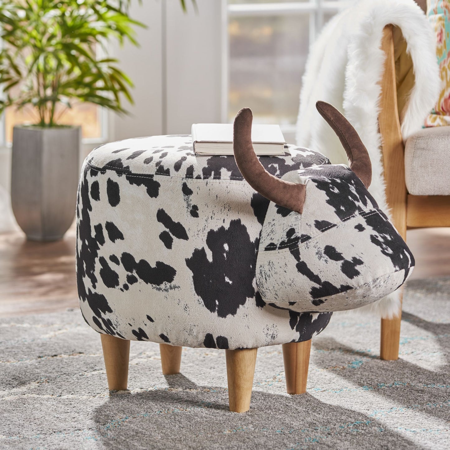 Animal Ottoman/Footstool, Black and White Cow-Shaped Ottoman, Modern Ottoman, Modern Accent Stool Home Decor, Suitable for Living Room, Bedroom, Porch, Garden, Backyard, Balcony image 1
