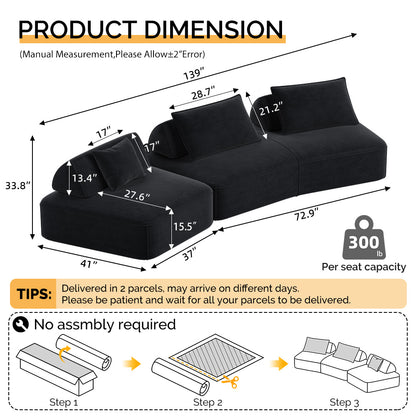 139" Modern Light Luxury Oversized Modular Sectional Sofa Set,DIY Upholstered Fluffy Chenille Sofa with Removable Backrests and Soft Pillows,Deep Seat Couch & Sofa Bed for Living Room,Office,Dark Grey image 2