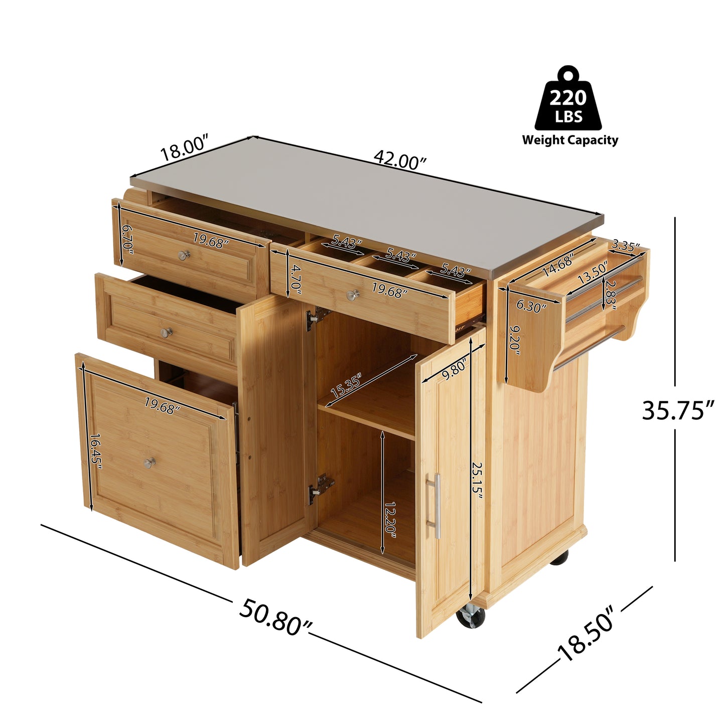Indoor Bamboo Rolling Kitchen Island with Stainless Steel Top – Mobile Cart with Drawers, Cabinet & Towel Rack for Dining & Bar image 6