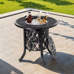 21"  Side Table With Removable Ice Bucket- Rustproof Cast Aluminum Frame, Hand-Brushed Finish, Food-Grade 304 Stainless Steel Bucket - Perfect for Indoor & Outdoor, Patio, Balcony, and Poolside