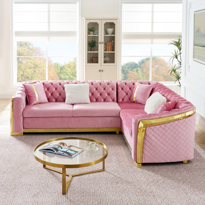 106 Inches L-Shaped Chesterfield Sectional Sofa Set with Gold Stainless Steel Accents, Velvet Button Tufted Sofa with 5 Pillows Luxury Couch for Living Room, Pink image 6