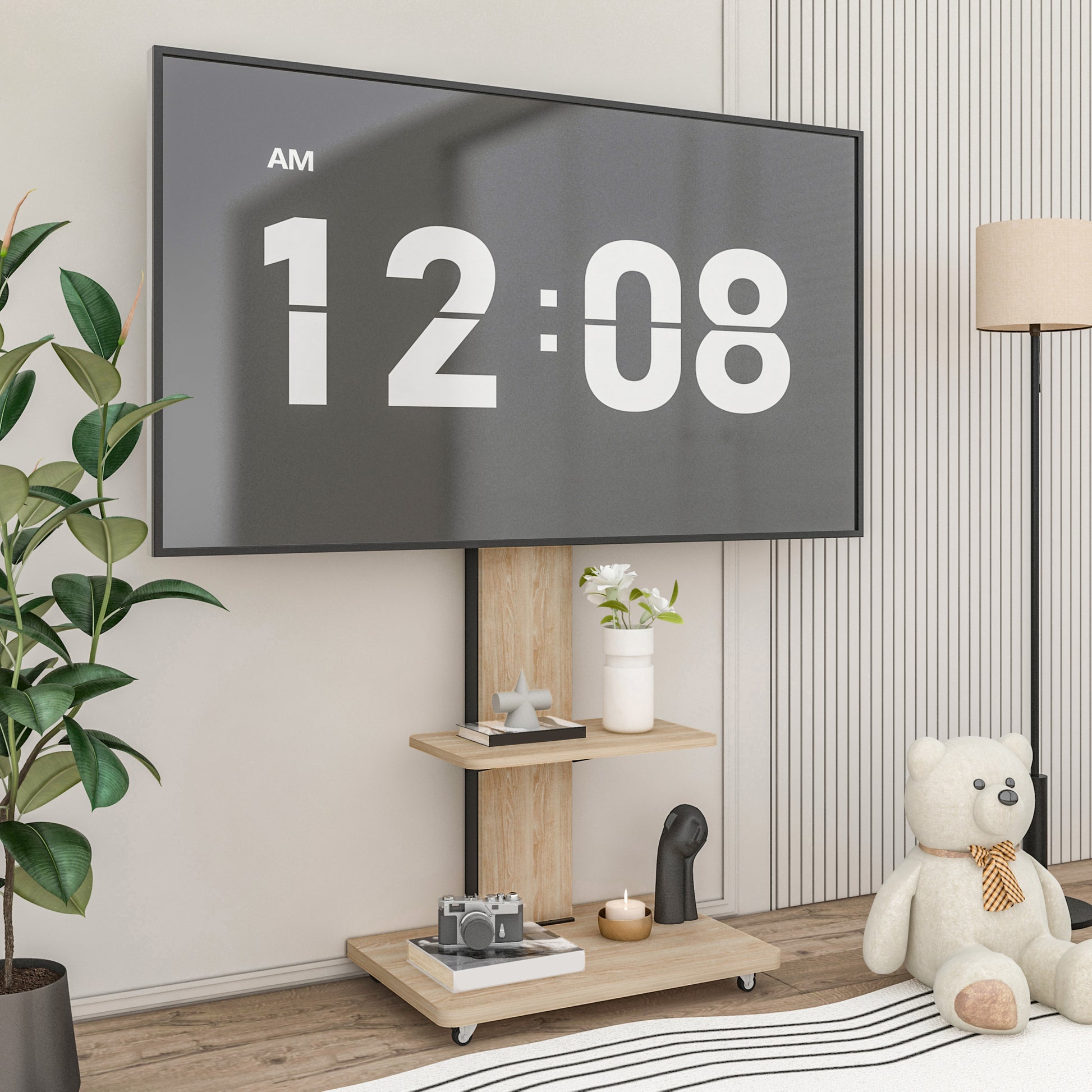 TV Stand with Shelf for Living Room, Bedroom,Offices,Mobile TV Cart for 32-75 inches,Floor Stand with Mount on Lockable Wheels,Natural image 2