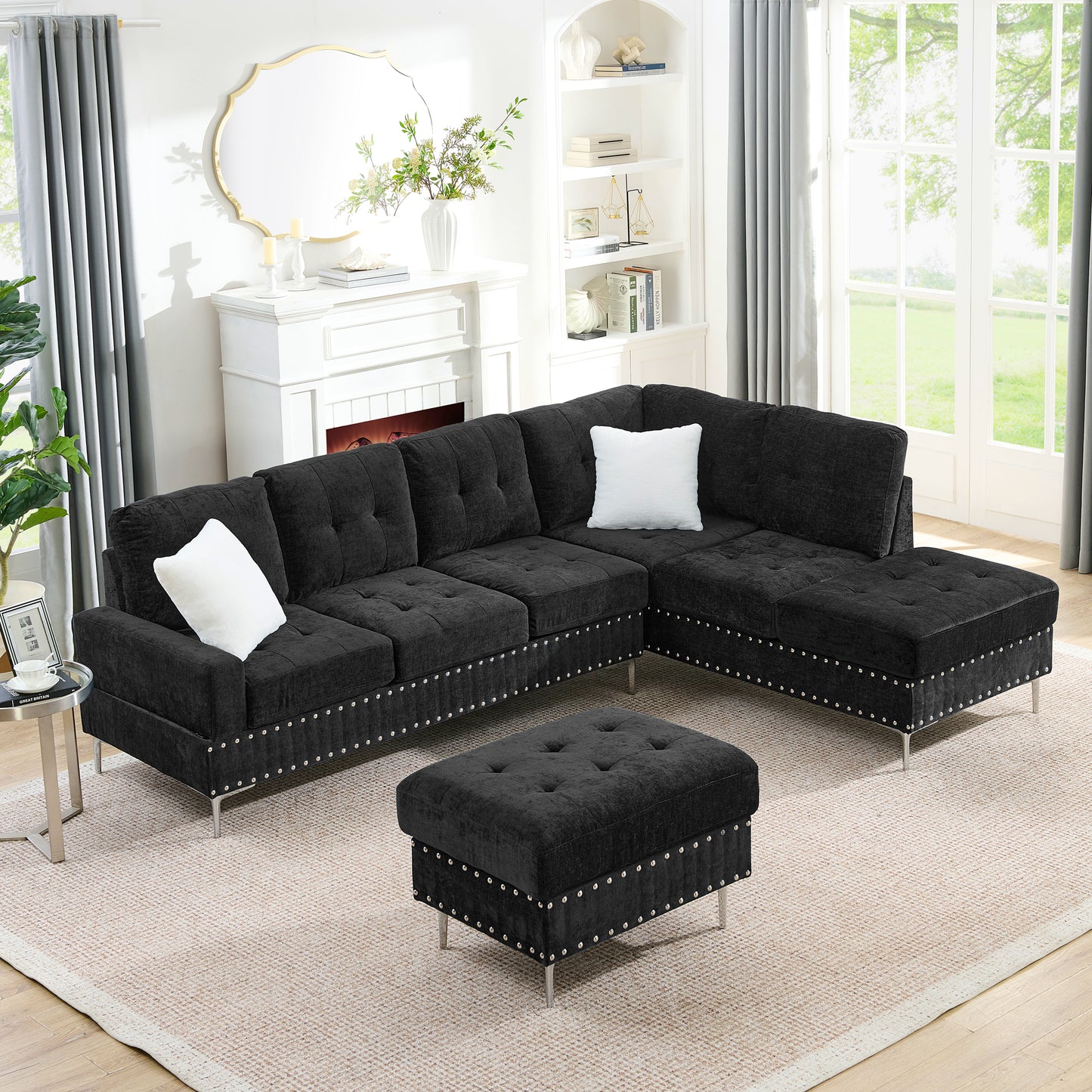 Sectional 3-Seaters Sofa with Chaise, Storage Ottoman, Metal Legs and Copper Nails,Two White Pillows,Black(102" x 76" x35") image 1