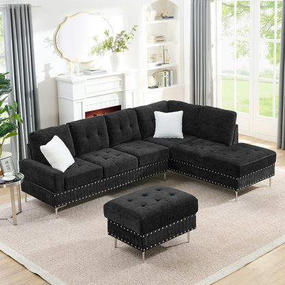 Sectional 3-Seaters Sofa with Chaise, Storage Ottoman, Metal Legs and Copper Nails,Two White Pillows,Black(102" x 76" x35") image 1