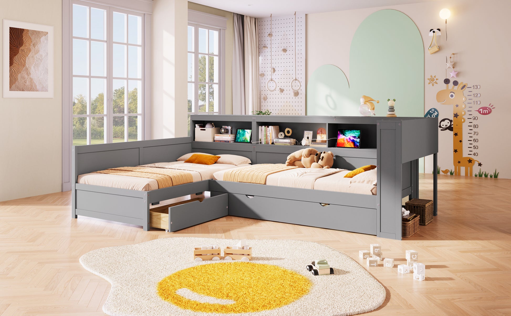 Wood Twin Size L-shaped Platform Bed with Trundle and a Drawer, Grey(Old SKU:N7090001045E) image 5