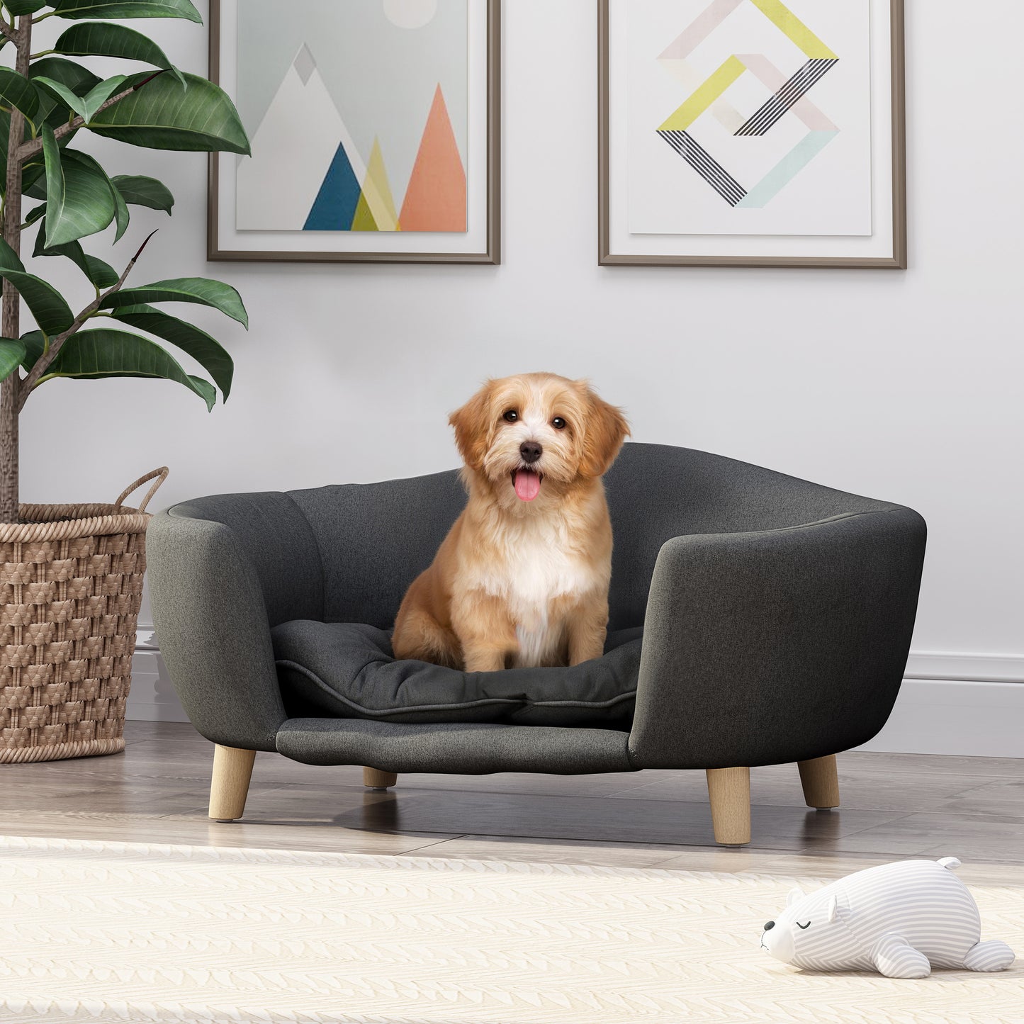 Elevated Dog Bed Frame for Small Dog, Fabric Pet Couch Bed with Rubber Wood Legs and Supportive Foam, Dark Gray, Easy Assembly image 1