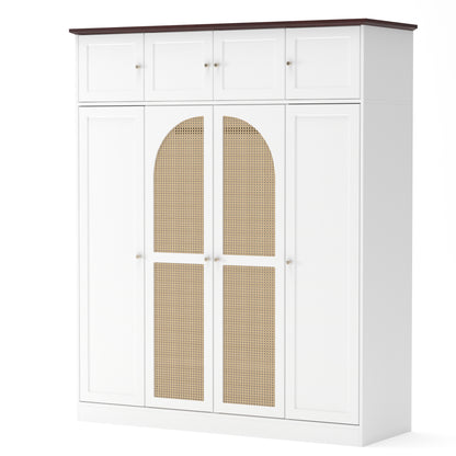 70.87"Tall 8-Door Large Capacity Armoire Wardrobe Closet with Hanging Rod, Adjustable Shelves and Rattan Decorative Doors, Clothing Storage Cabinet for Bedroom, walk-in closet, Living Room, White image 12