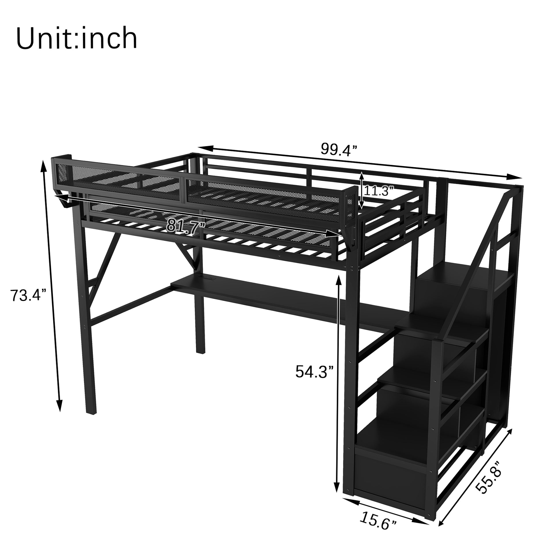 Full Loft Bed with Desk and Charging Station, Full Size Metal Loft Bed with Stairs and Light for Kids Teens, Black(Old SKU W2580S00077) image 7