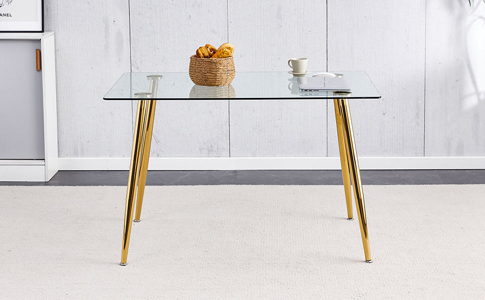 Modern Minimalist Rectangular Glass Dining Table for 4-6 with 0.31" Tempered Glass Tabletop and Golden plating Metal Legs, Writing Table Desk, 51" *31"*30".W1151S03746/W1151S03724 image 7
