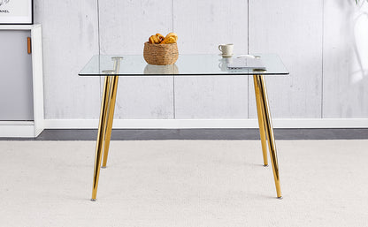 Modern Minimalist Rectangular Glass Dining Table for 4-6 with 0.31" Tempered Glass Tabletop and Golden plating Metal Legs, Writing Table Desk, 51" *31"*30".W1151S03746/W1151S03724 image 7