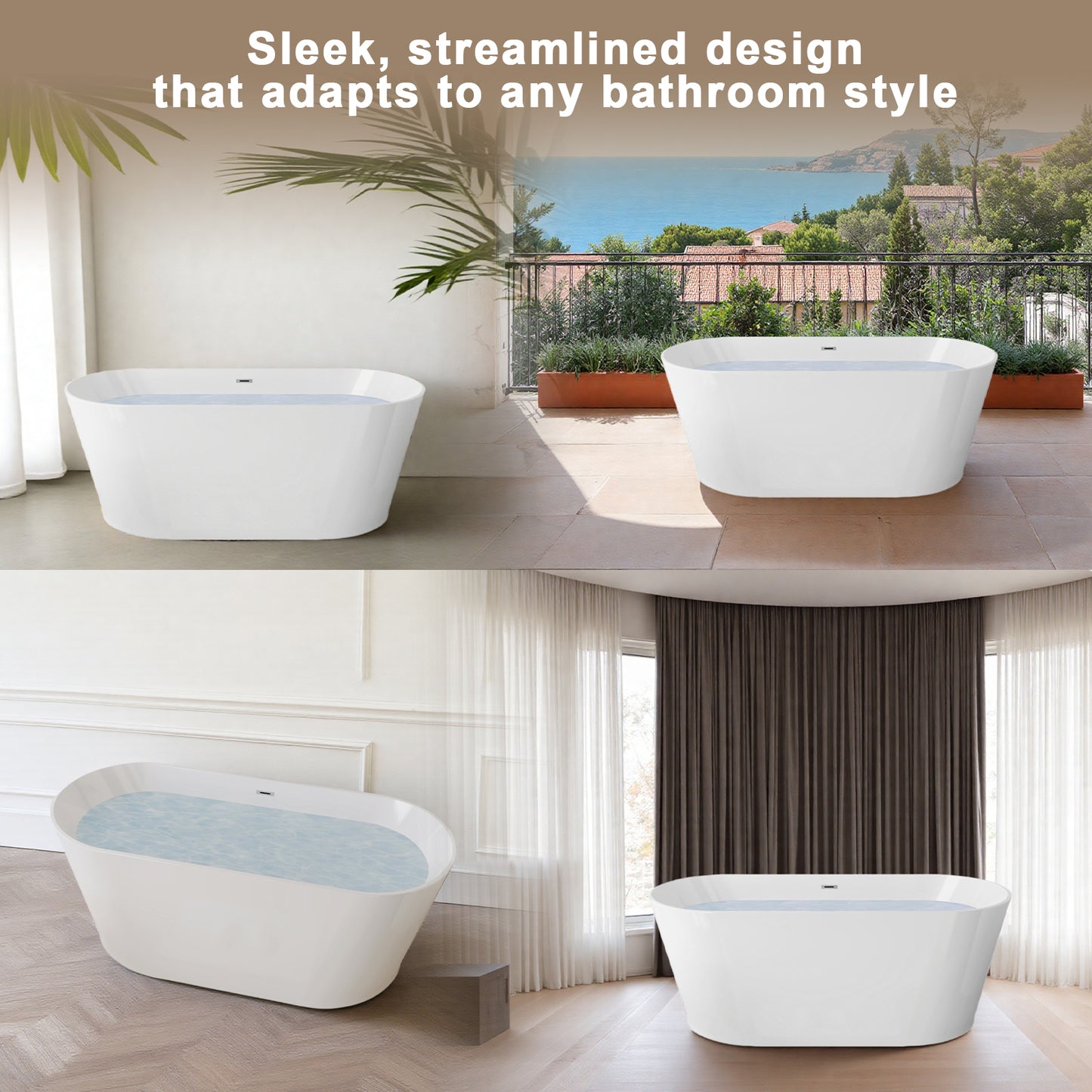 59" Acrylic Freestanding Bathtub, Stand Alone Soaking Tub, Glossy White Acrylic, Toe-tap Chrome Drain, cUPC Certified image 6