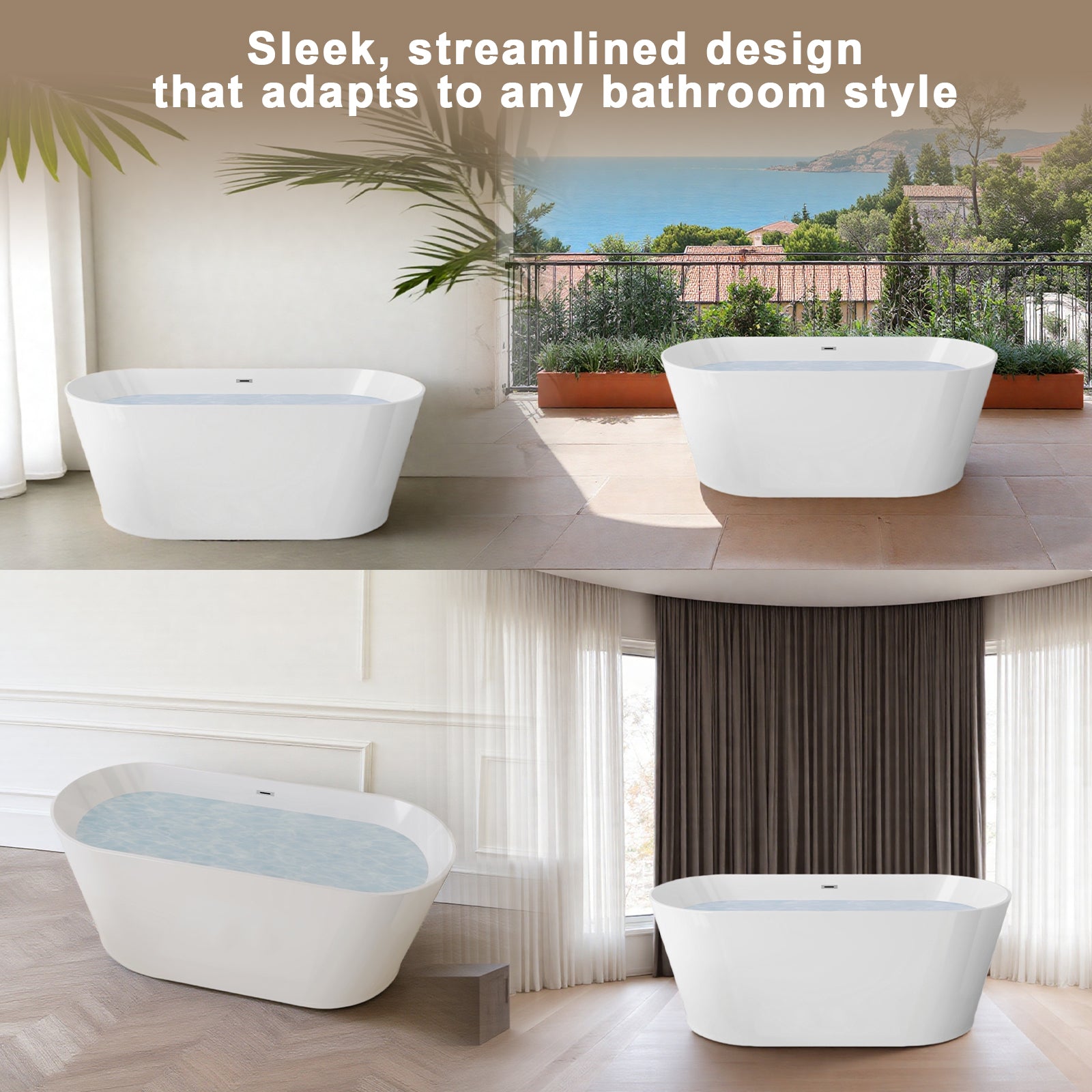 59" Acrylic Freestanding Bathtub, Stand Alone Soaking Tub, Glossy White Acrylic, Toe-tap Chrome Drain, cUPC Certified image 6