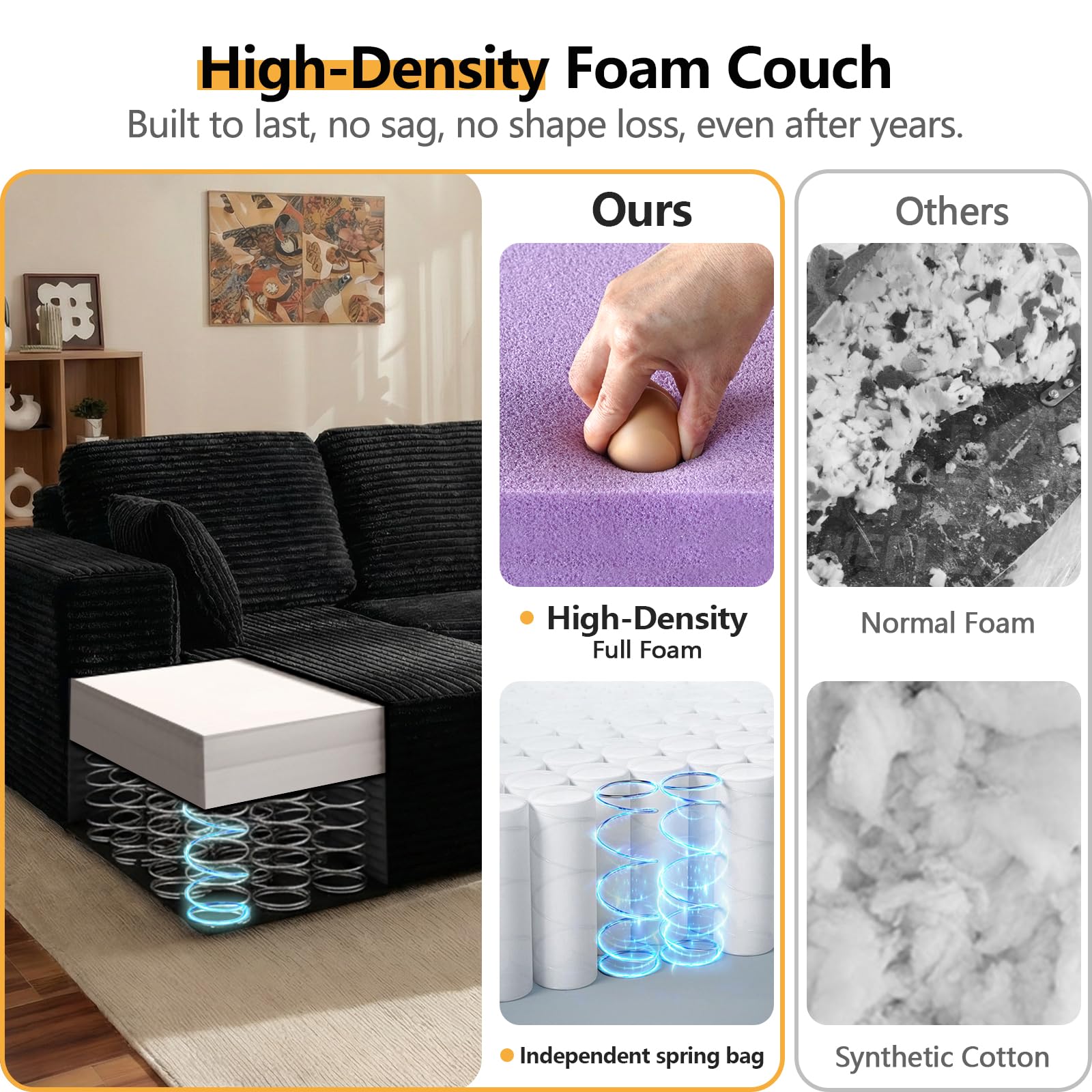 New 96"Frameless Boneless Soft Sofa,Cloud Sectional Couch With L-Shaped Chaise Black Left Corner image 3