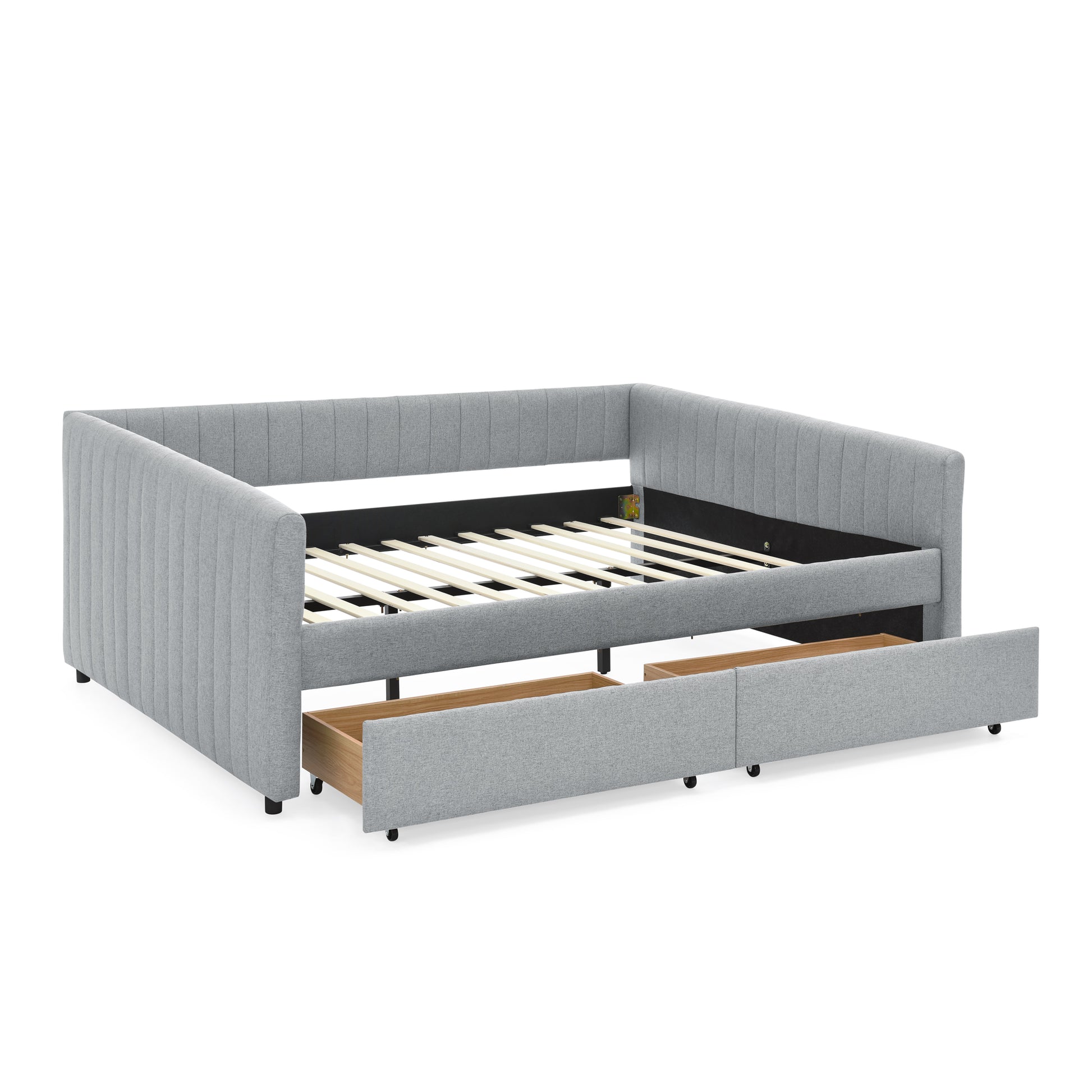 Queen Size Daybed with Two Drawers Trundle Upholstered Sofa Bed, with Vertical Stripes Linen Fabric, Grey (86.5"x65"x30") image 12